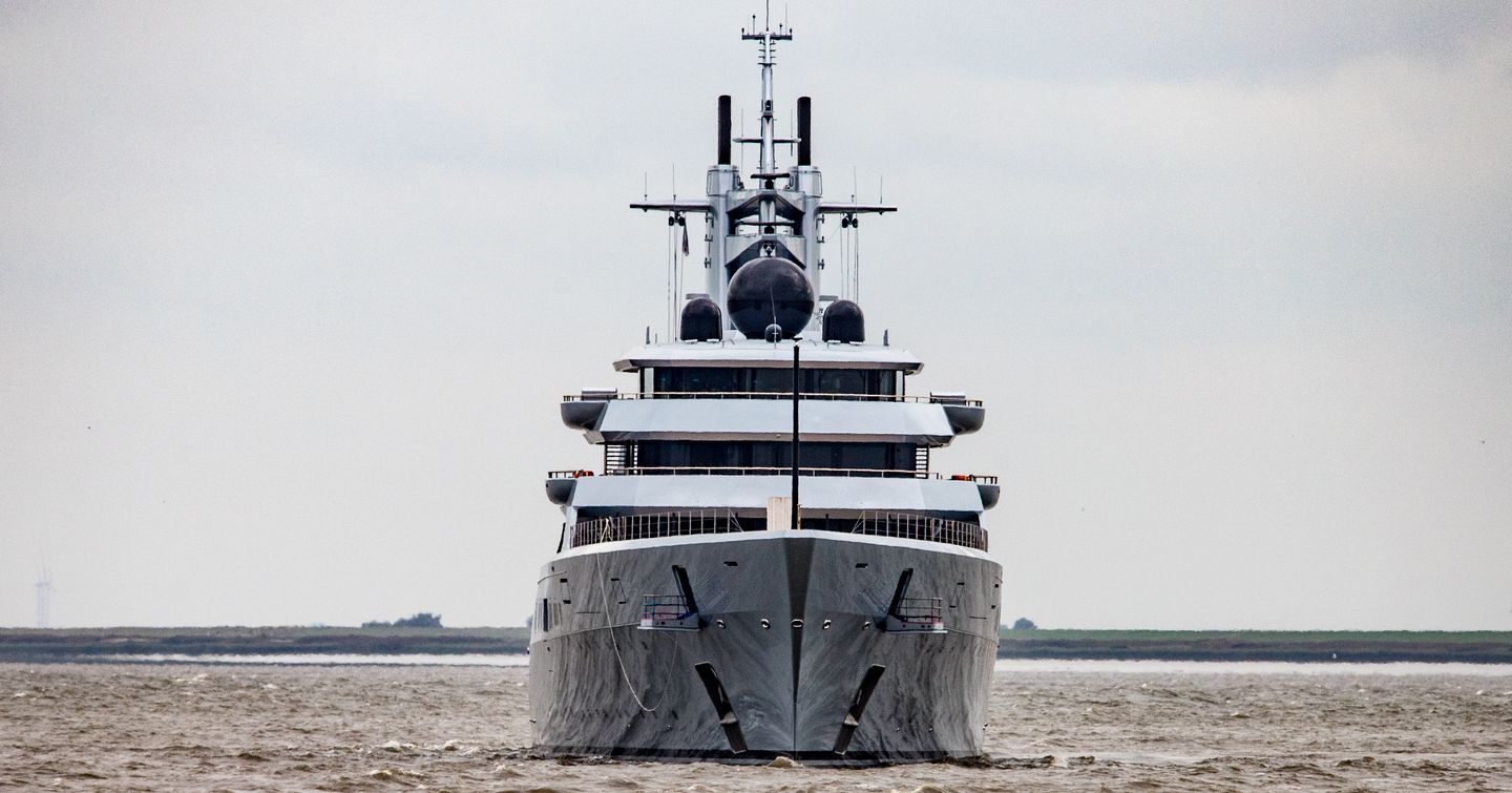 Lurssen yacht Project Ali Baba on sea trial, bow shot, head on, cloudy day, moderate sea