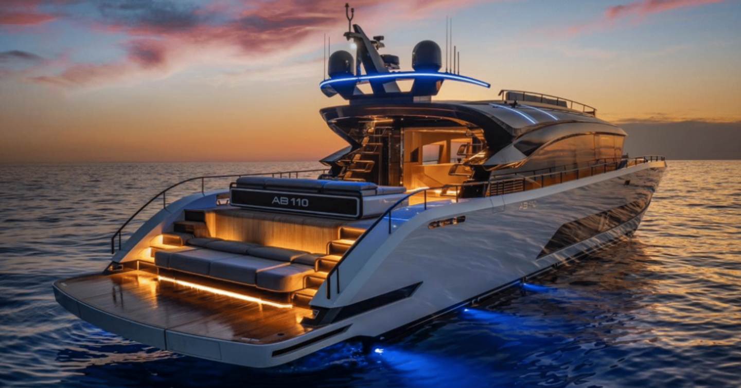 First AB Yachts AB110 hull motor yacht at dusk with underwater lights