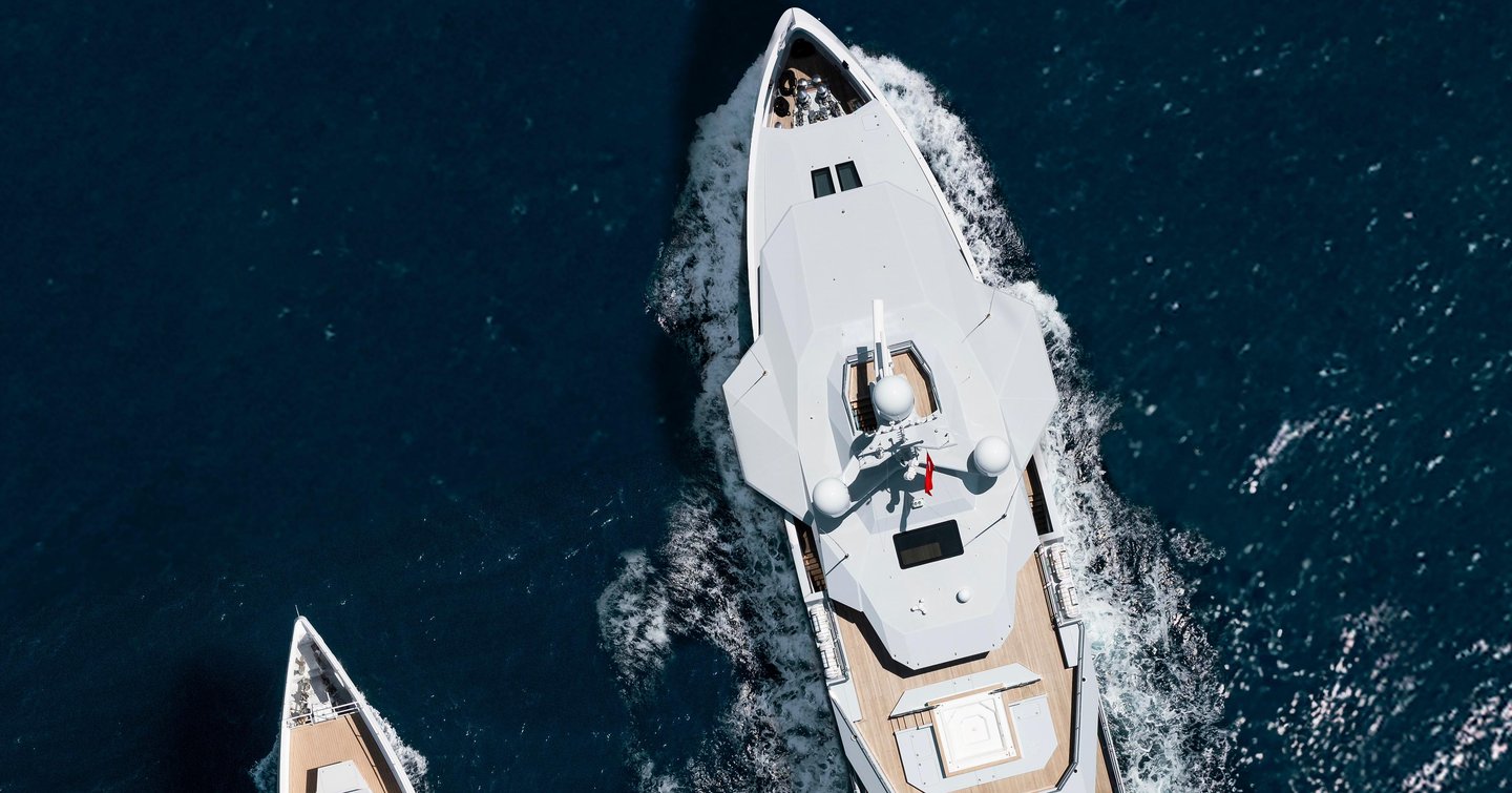Aerial view of Damen Yachting Xplorer yacht After you and YS 53 support vessel under way