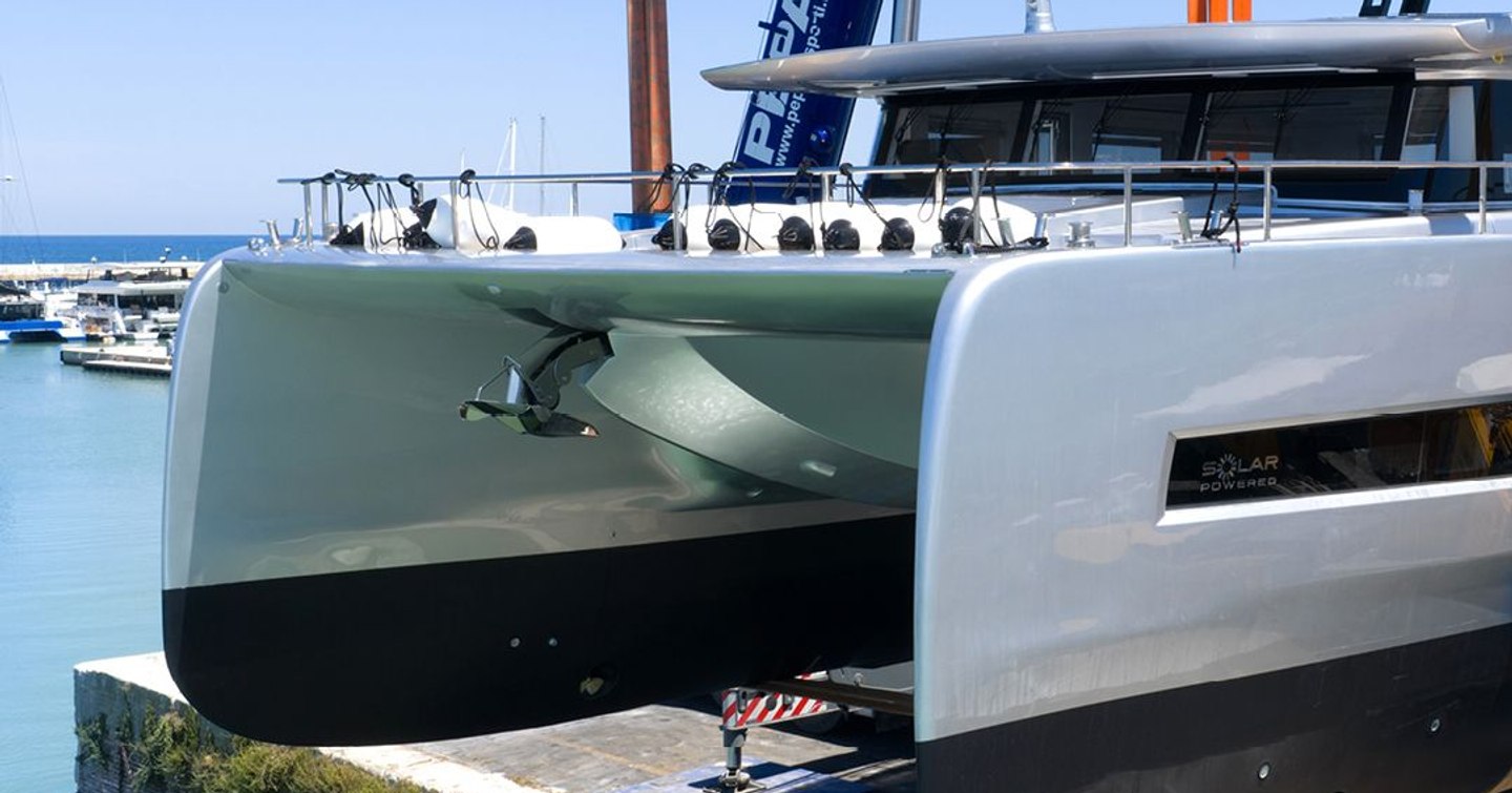 Close of up Silent Yachts SY80 catamaran bow at launch