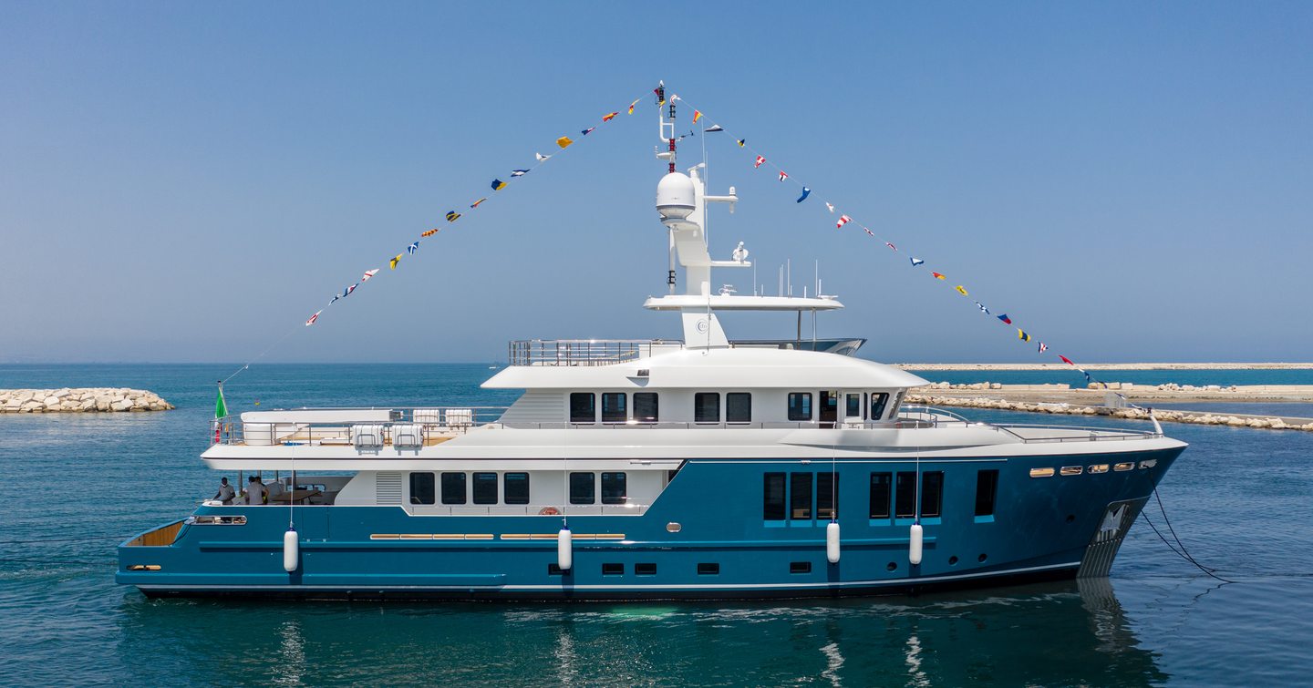 Explorer yacht Darwin 115 at launch and at anchor
