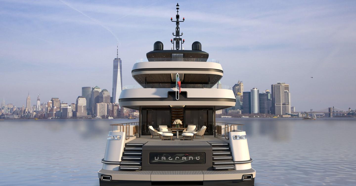 Aft shot Rendering of Hydro Tec Vagrant explorer yacht at anchor 