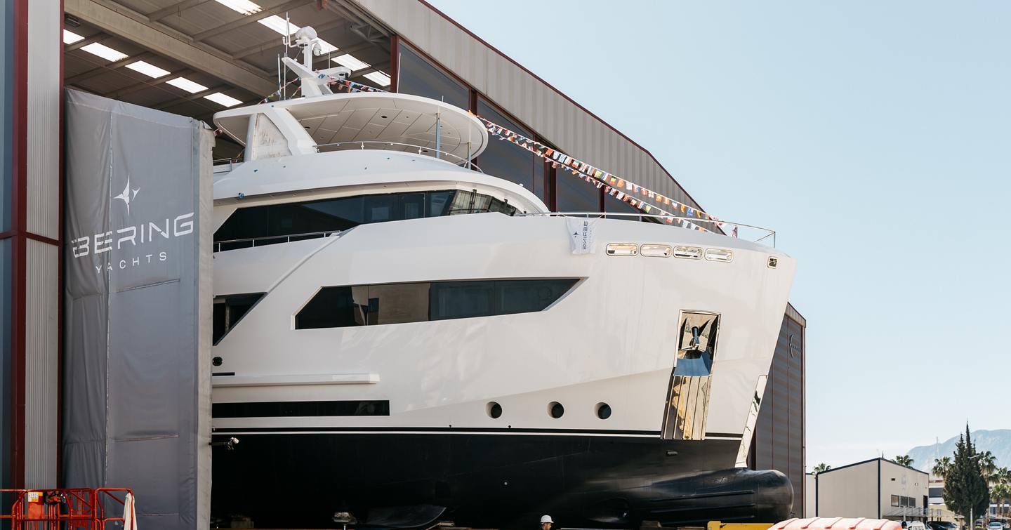 Bering 88 expedition yacht Sayna leaving Bering shipyard before launch