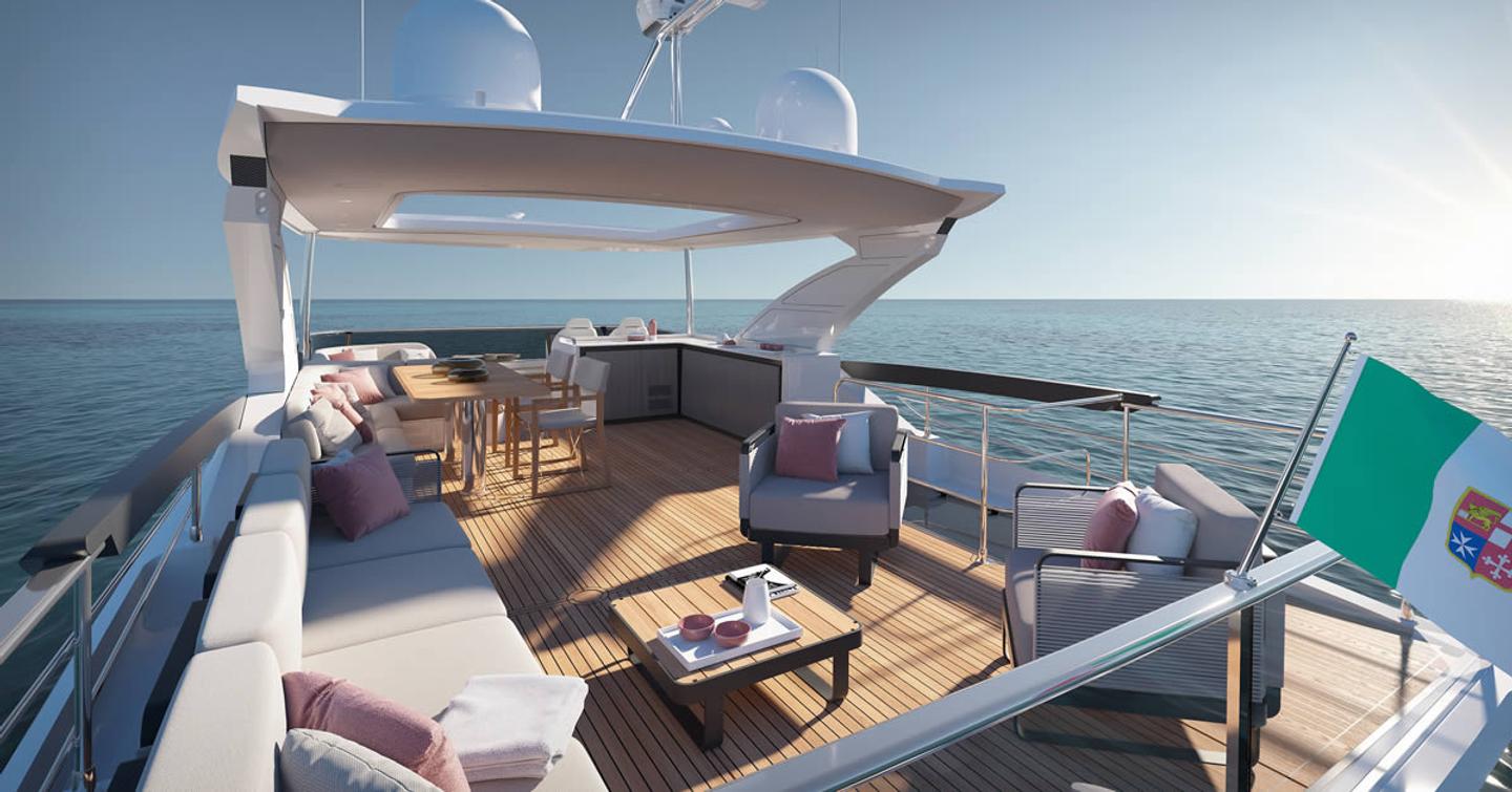 Rendering of Absolute 70 FLY Boat flybridge with white furniture and aft coffee table