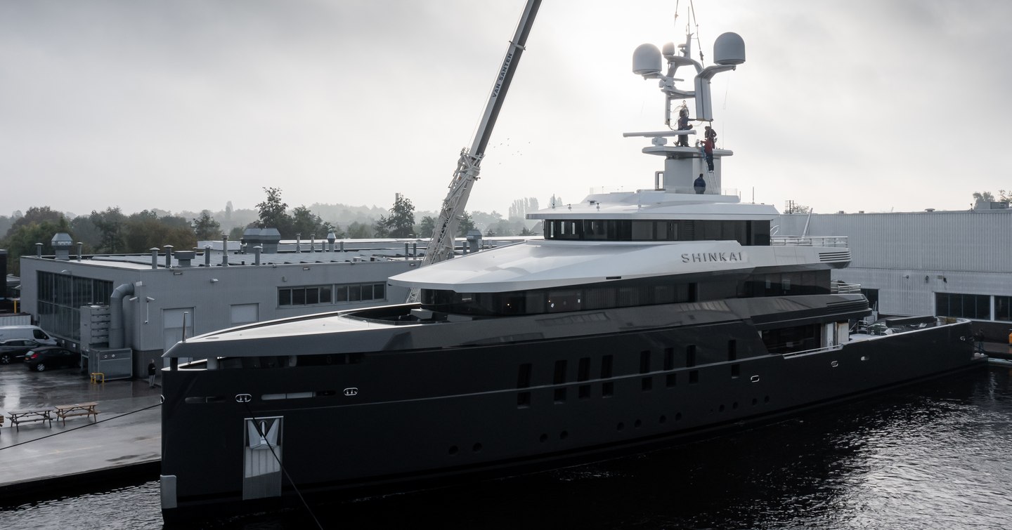 Feadship explorer yacht SHINKAI moving from outfitting shed