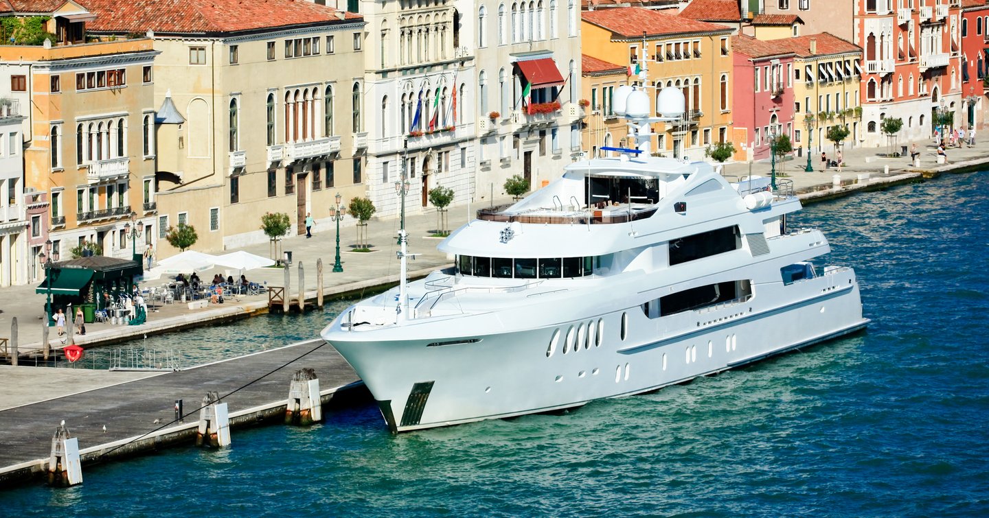 A superyacht berthed in the Giudecca canal in Venice