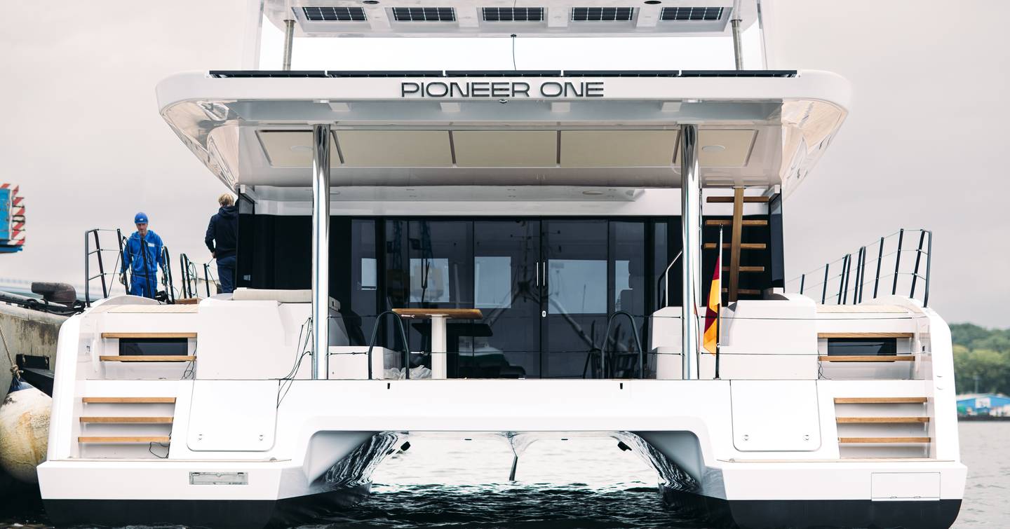 Stern shot of Pioneer PY60 Solar-Electric Catamaran at launch