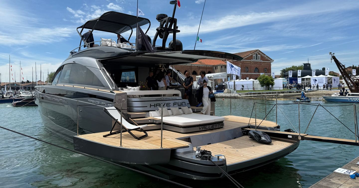 Pershing GTX70 motor yacht docked at Venice Boat Show 2025