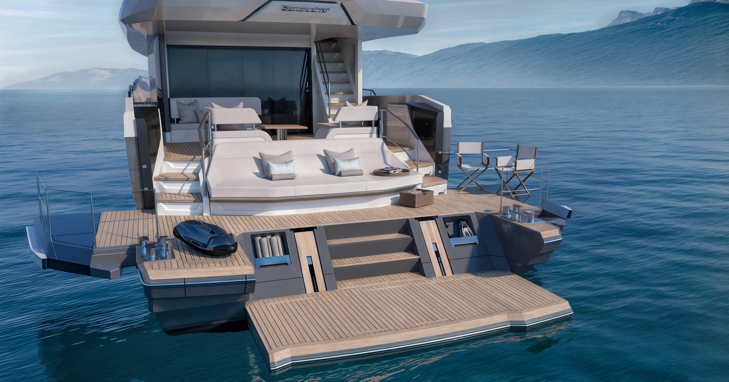 Rendering of Sunseeker 74 Ocean motor yacht beach club with lowered platform and sunpads
