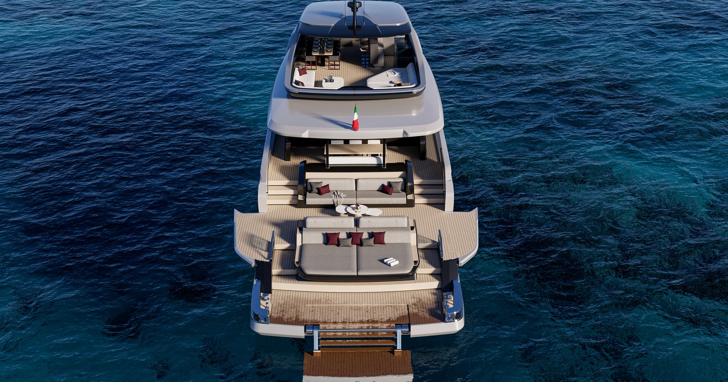 Aerial rendering of Extra X110 Fast motor yacht at anchor 