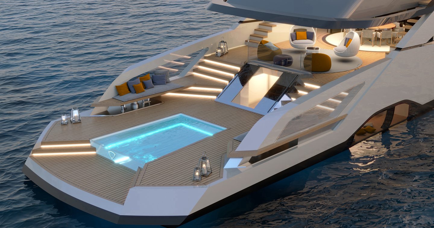 Rendering showing beach club of Sportiva 55 with pool in aft deck