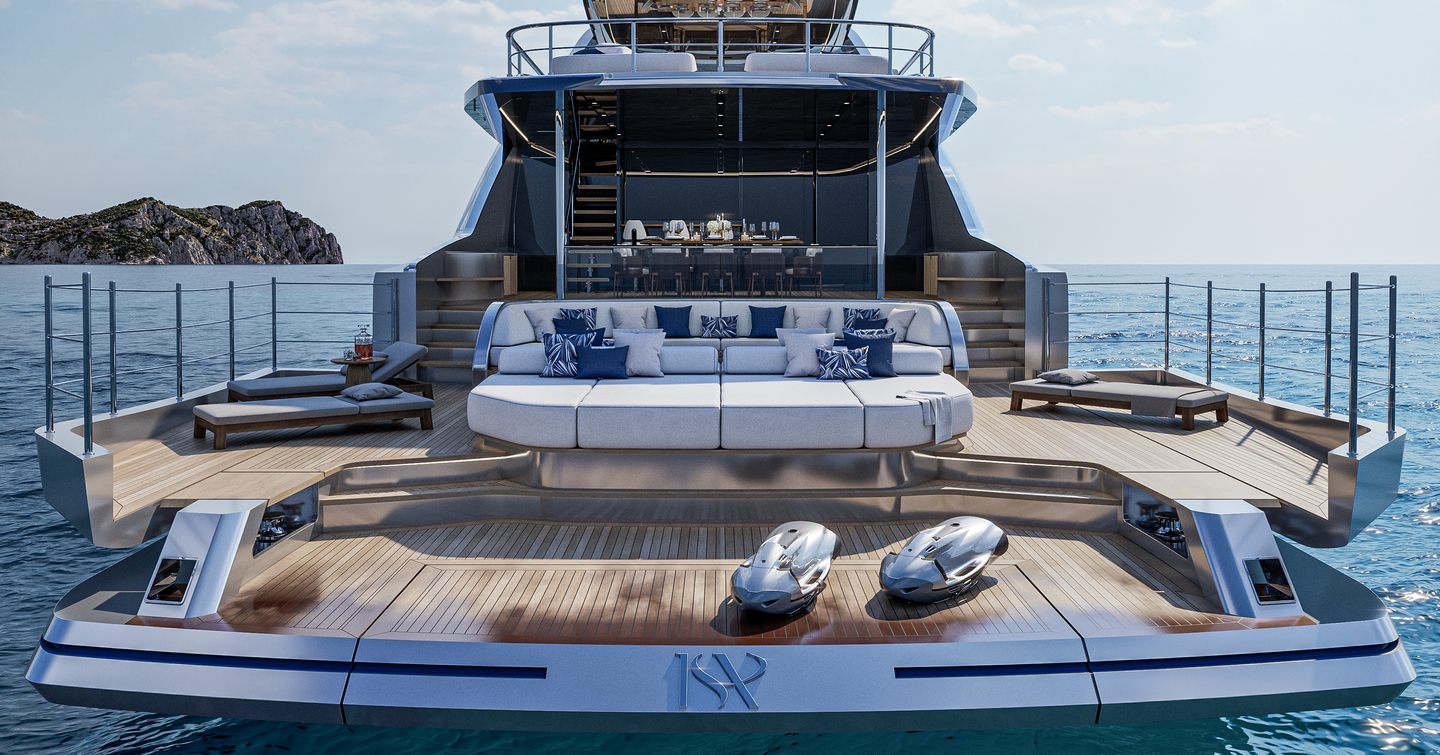 Rendering of ISA Viper 130 motor yacht beach club with jet skis and large white sunpad