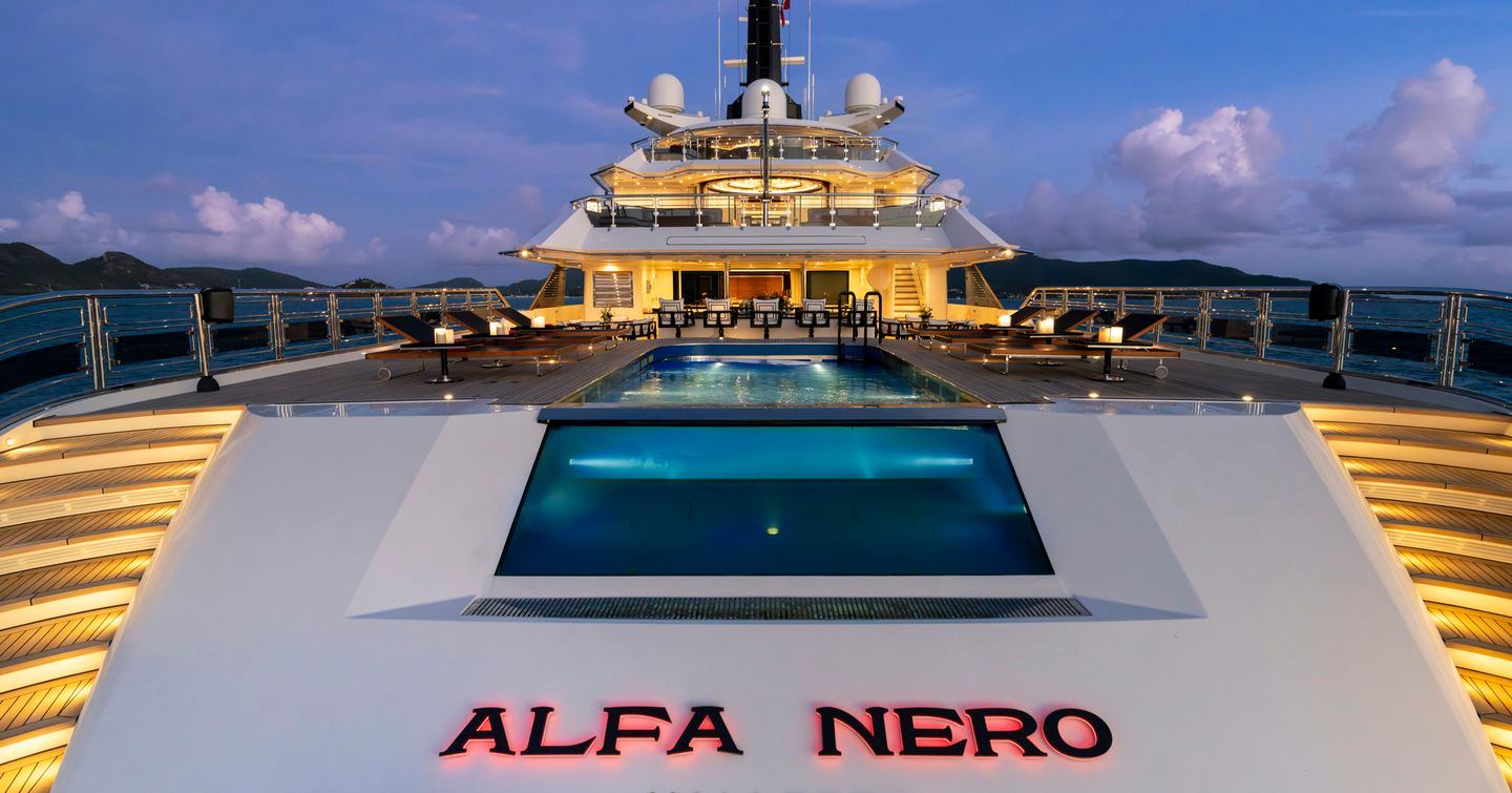 Alfa Nero aft-deck infinity pool at night