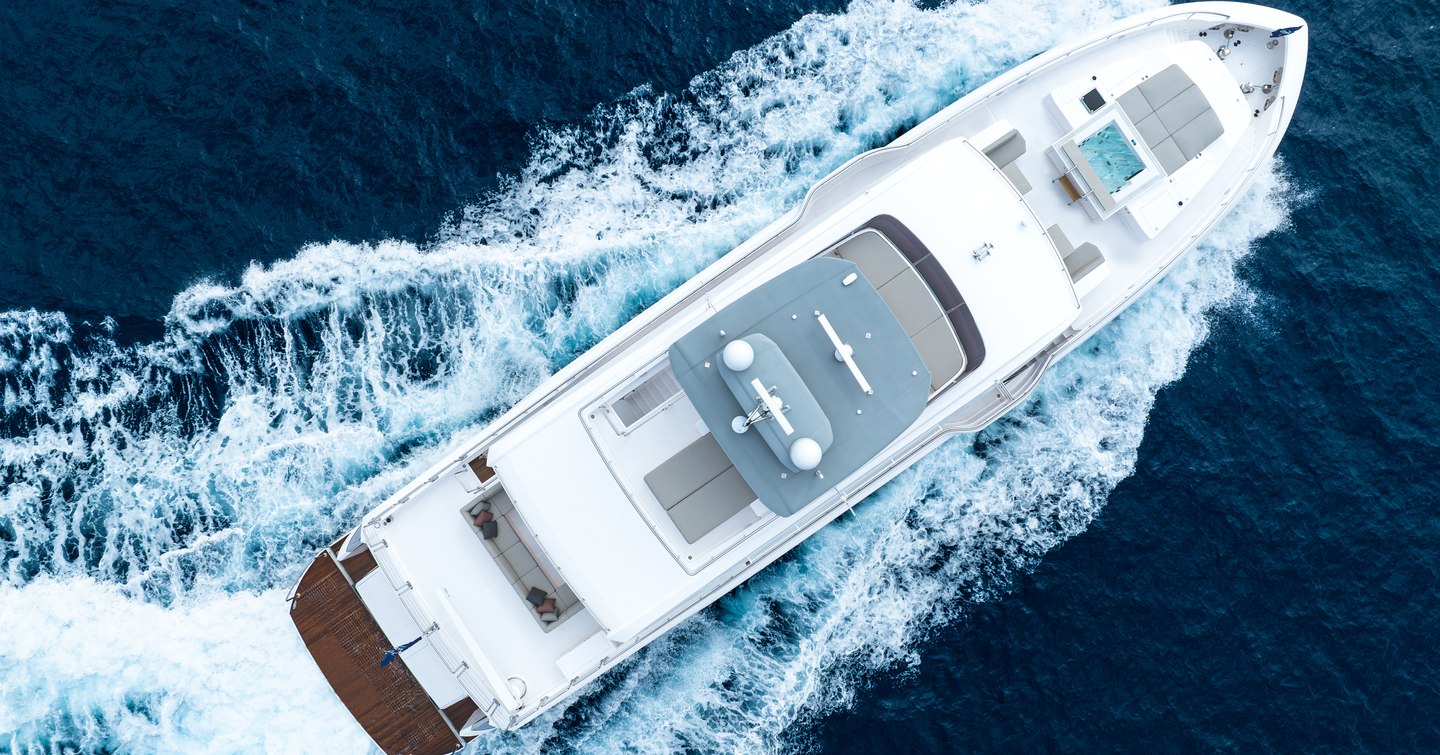 Aerial view of Seventh Horizon FD110 motor yacht under way 