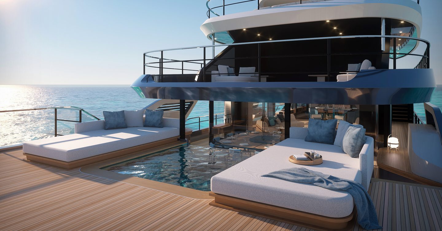 Azimut Grande 44M superyacht main deck infinity pool and surrounding sunpads 