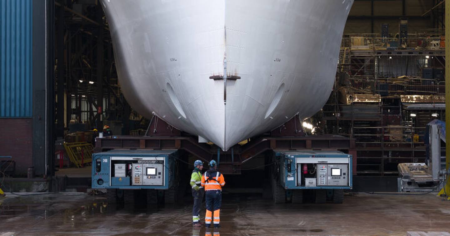 Front shot of superyacht Feadship 719 leaving superyacht shipyard pre-outfitting