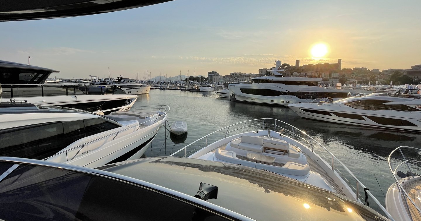 View from yacht across other yachts at Cannes Yachting Festival