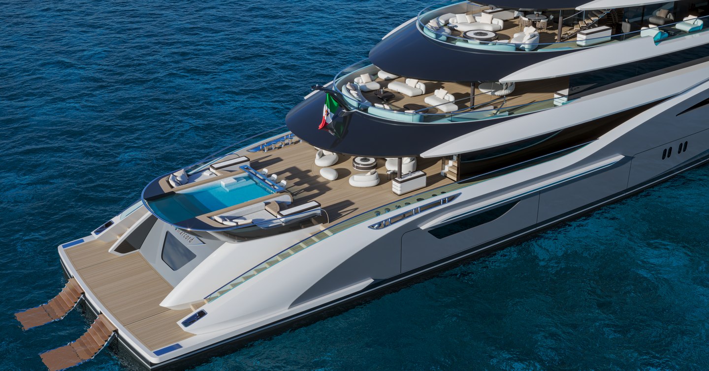 Rendering of ISA Amarcord 86 superyacht stern with infinity pool and multiple lounging areas