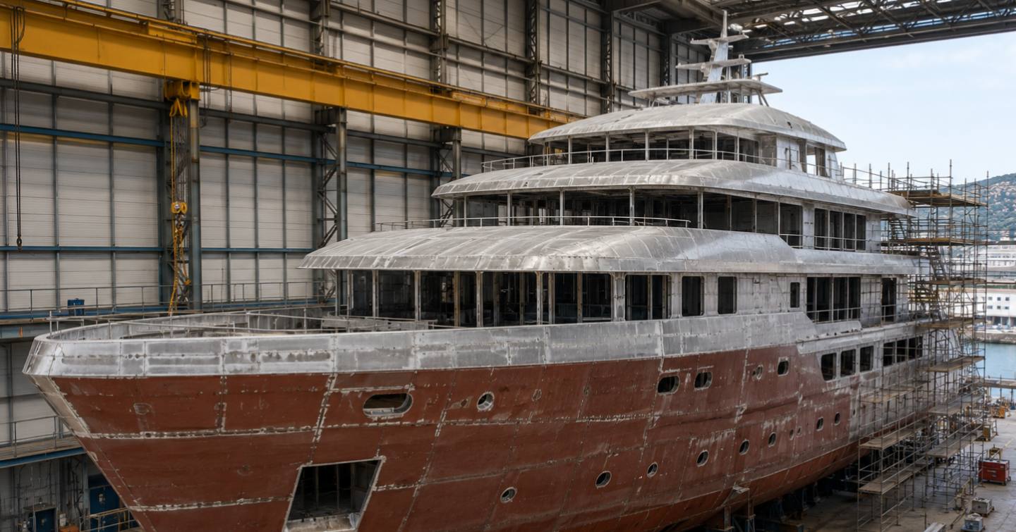 A yacht under construction before painting 