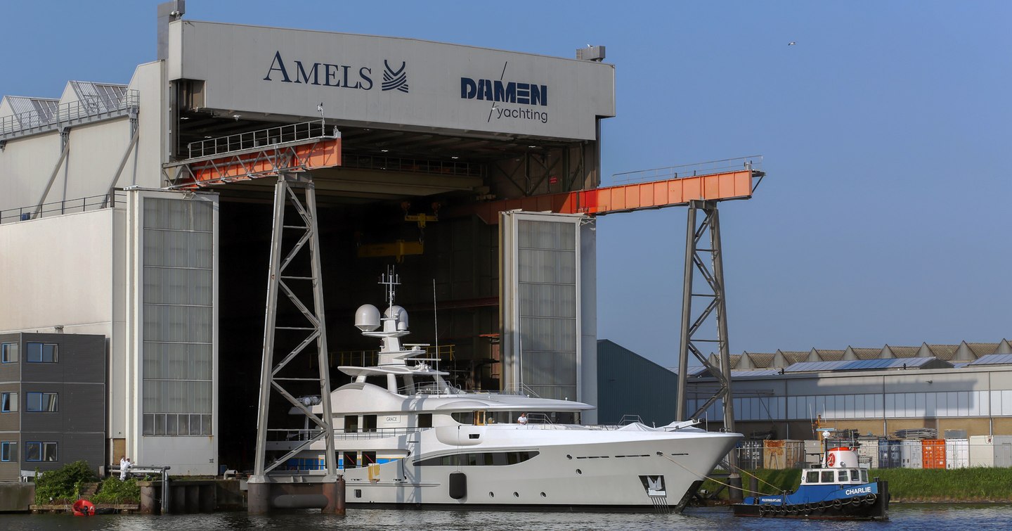 Superyacht GRACE emerging from Damen Yachting fitting shed