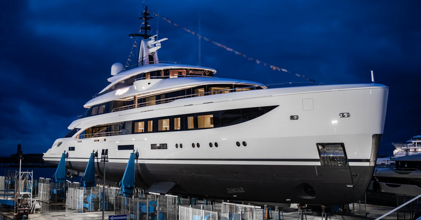 Benetti B.Now 67M Oasis superyacht Dagger before launch at night 