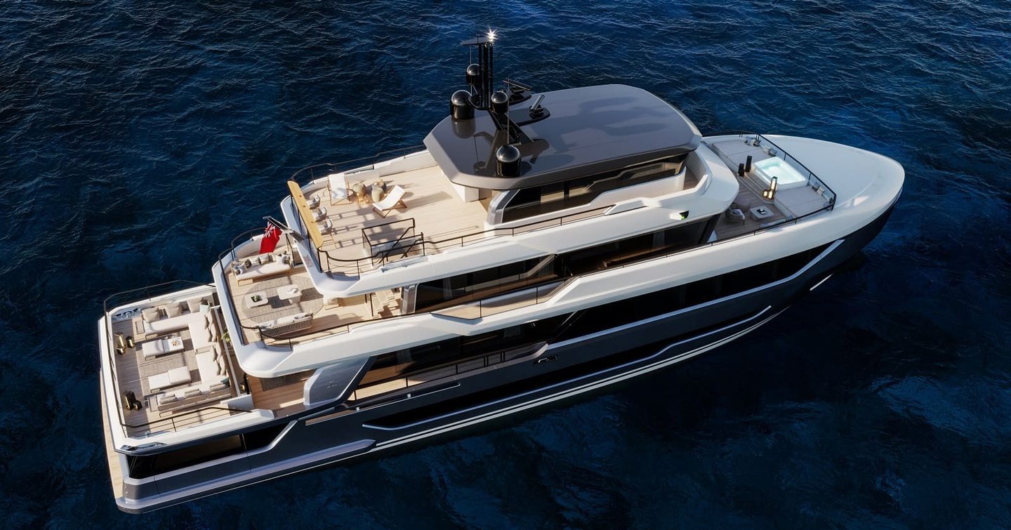 Rendering of Bering 120 motor yacht at anchor 