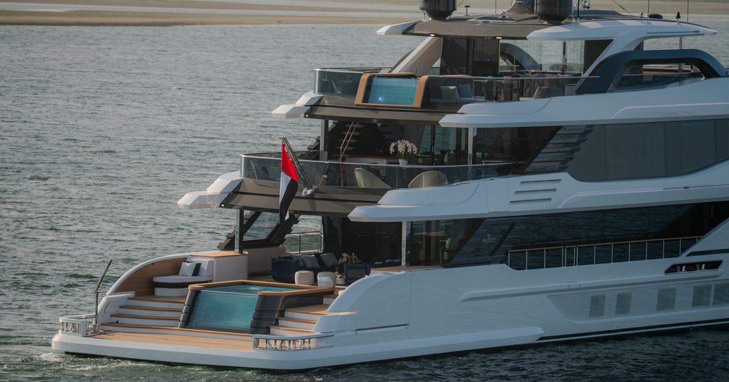 Gulf Craft Majesty 145 Superyacht stern with dual pools and multiple lounging areas 