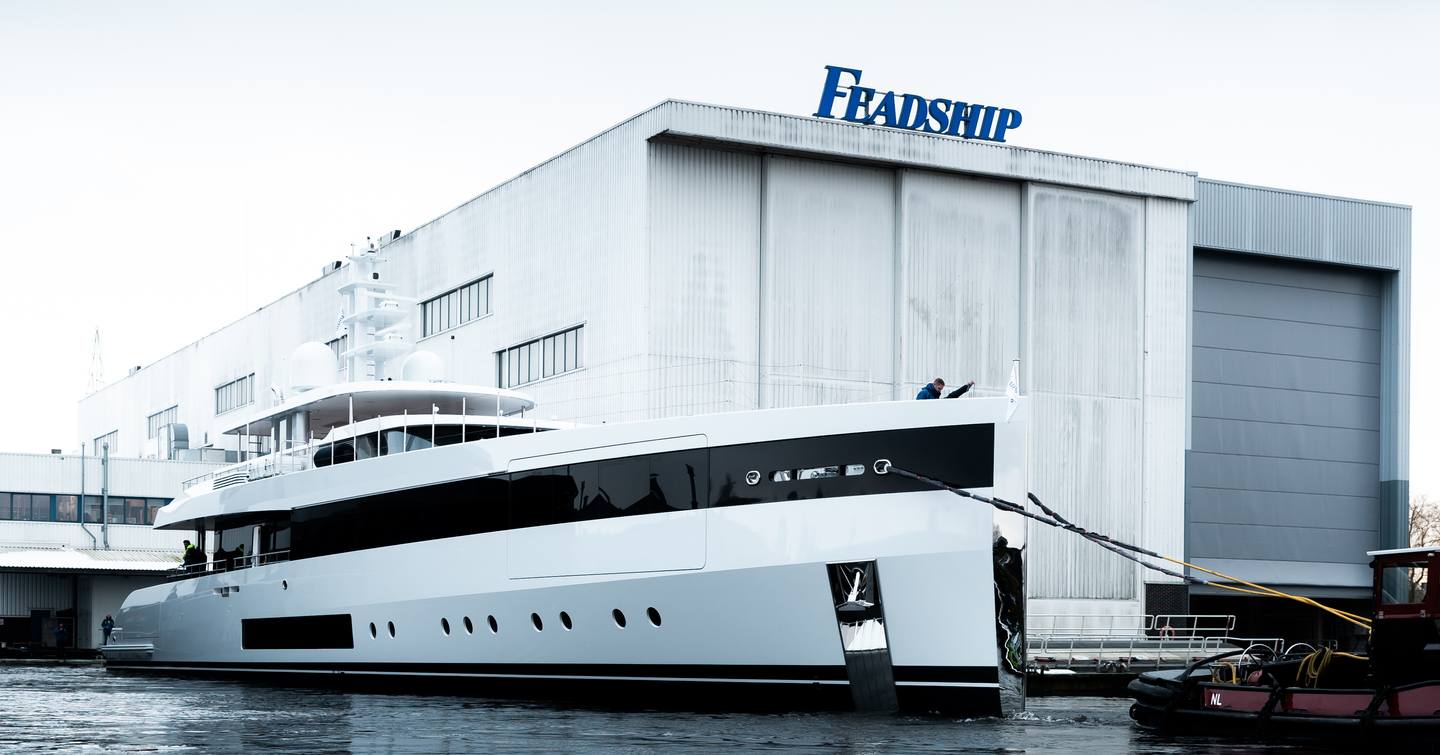 Superyacht Project 717 docked outside Feadship shipyard 