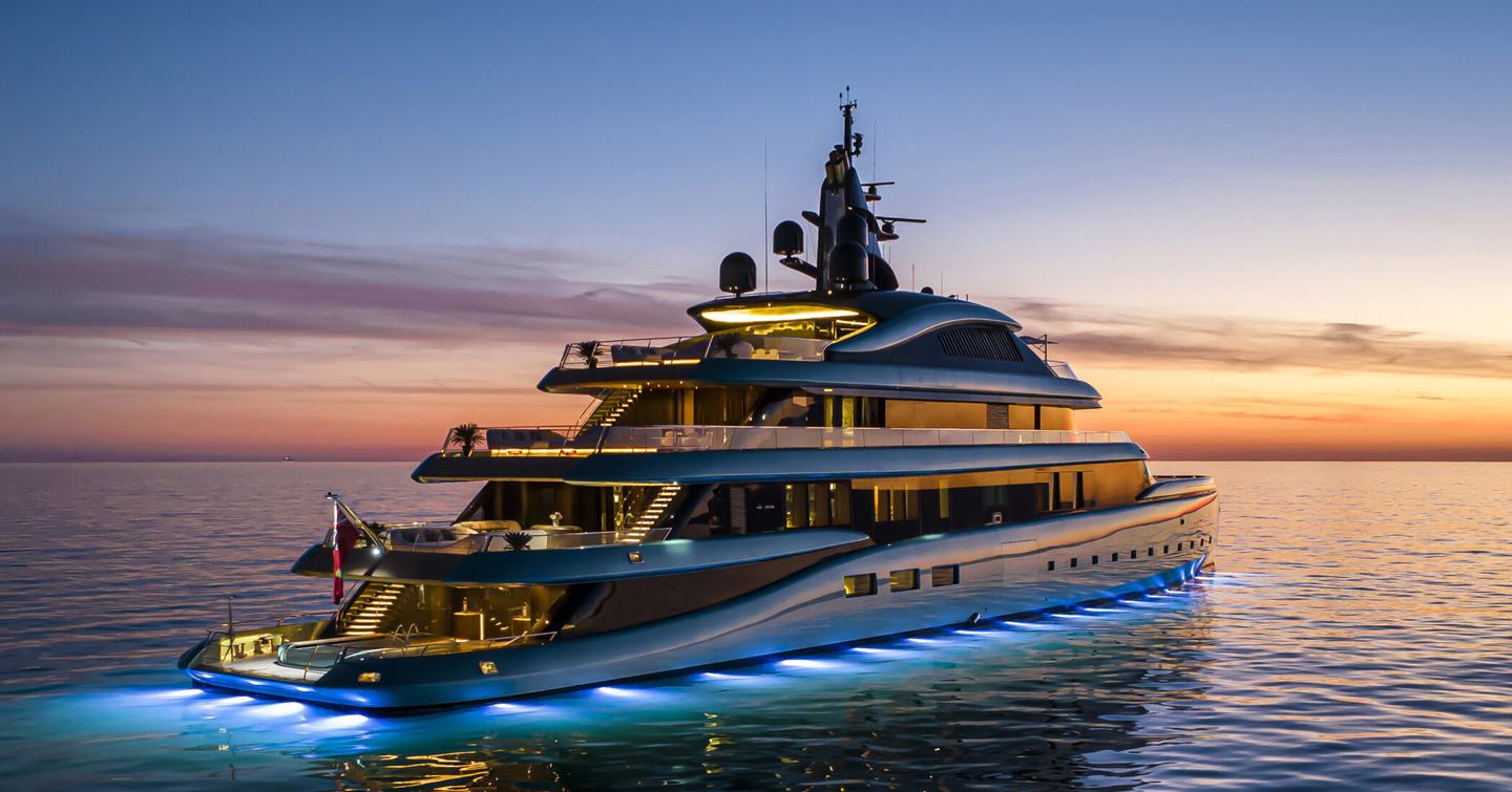 Rendering of First Admiral A-40 Yacht at anchor with underwater lights 