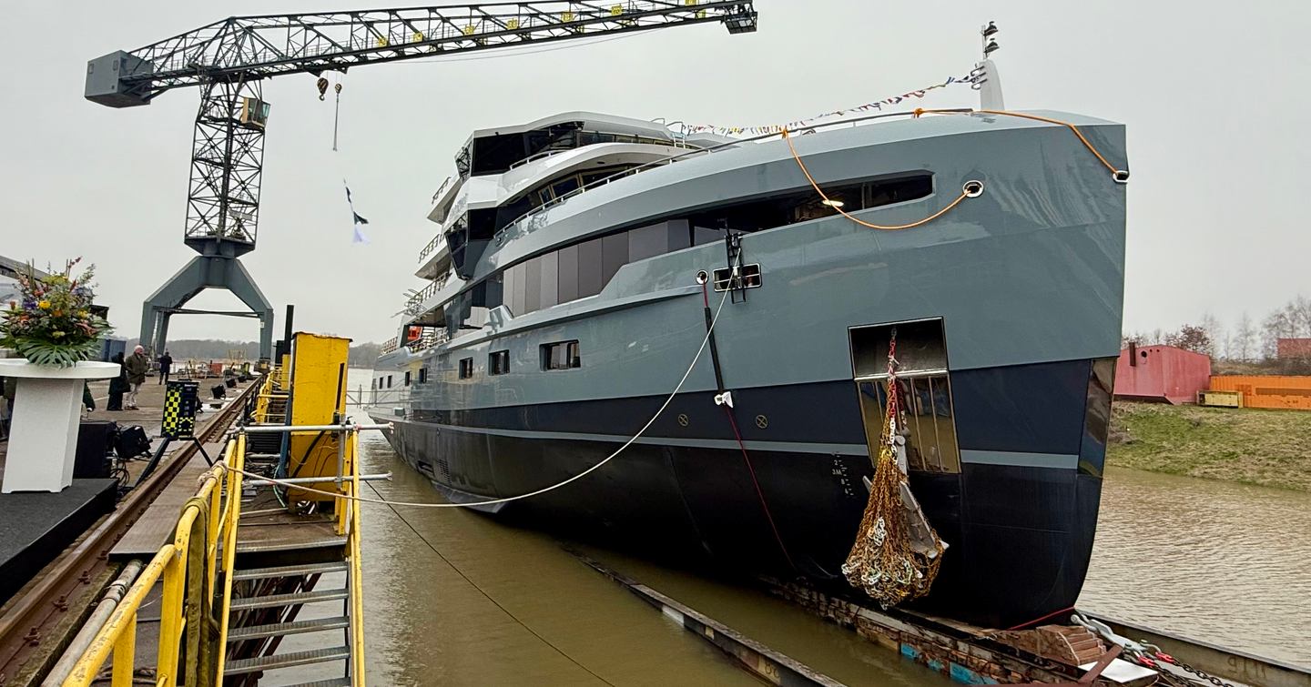 Close up of Explorer Yacht Horizon bow during launch
