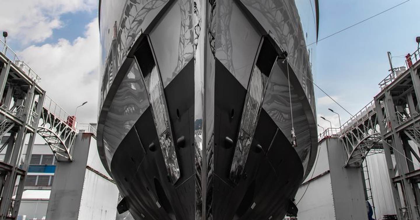 Underside of Superyacht Singolare's bow at launch