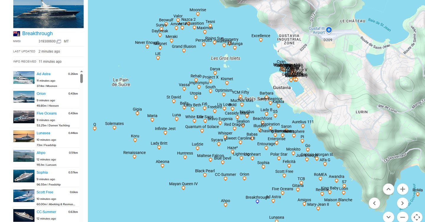 YachtBuyerPRO Map showing location of Superyachts gathering for NYE in St Barts