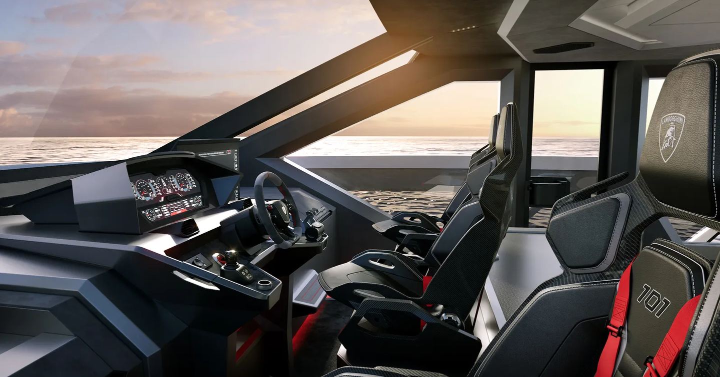 Rendering of helm station on board Tecnomar Lamborghini 101motor yacht