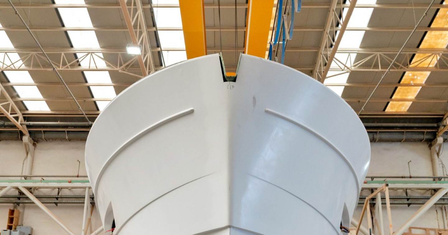 Bow of Apreamare Gozzo 48 Cabin Boat in shipyard under construction