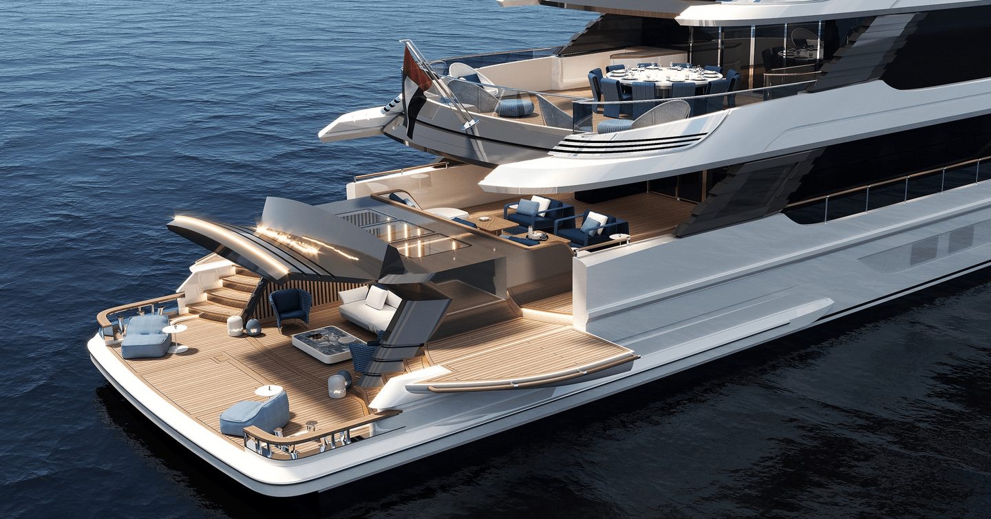 Rendering of Gulf Craft Majesty 145 Superyacht beach club with folding terraces 