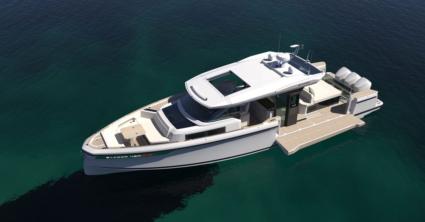 Rendering of Saxdor 460 GTS motor yacht at anchor 