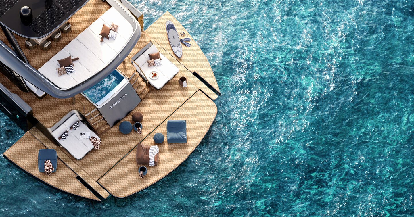Rendering of Sunreef 88 Ultima catamaran fold out beach club with sun loungers and sunpads