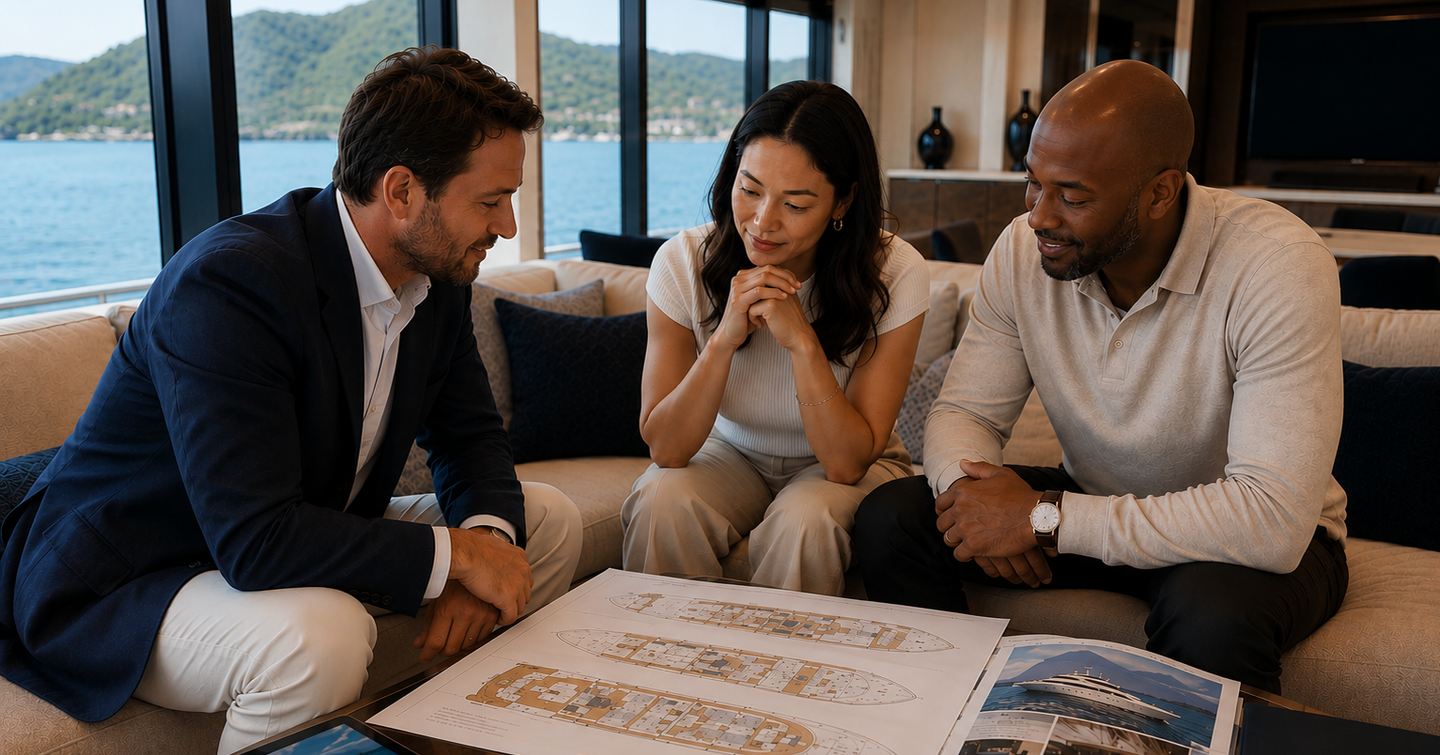 Broker and clients sat in yacht saloon discussing purchase 