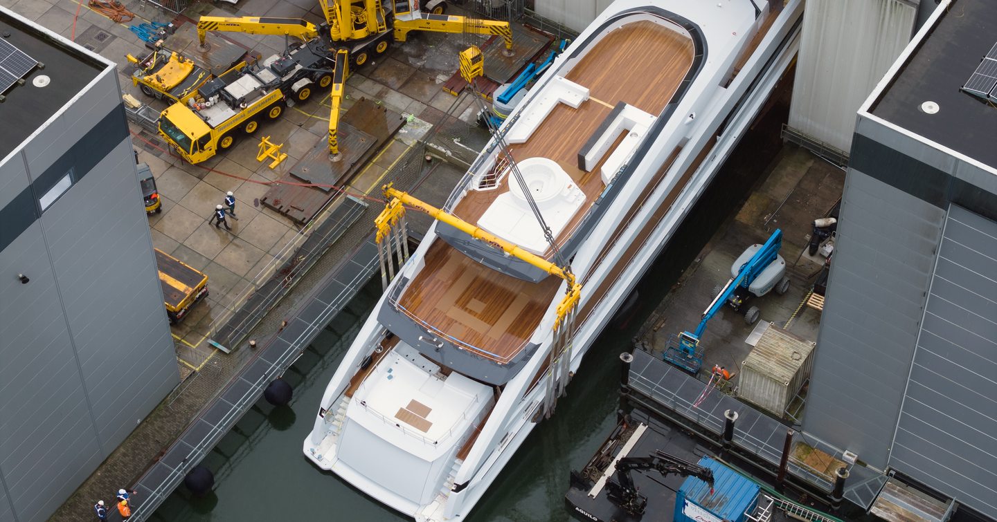 Aerial view of Superyacht Project Sophia launching from Heesen shipyard 