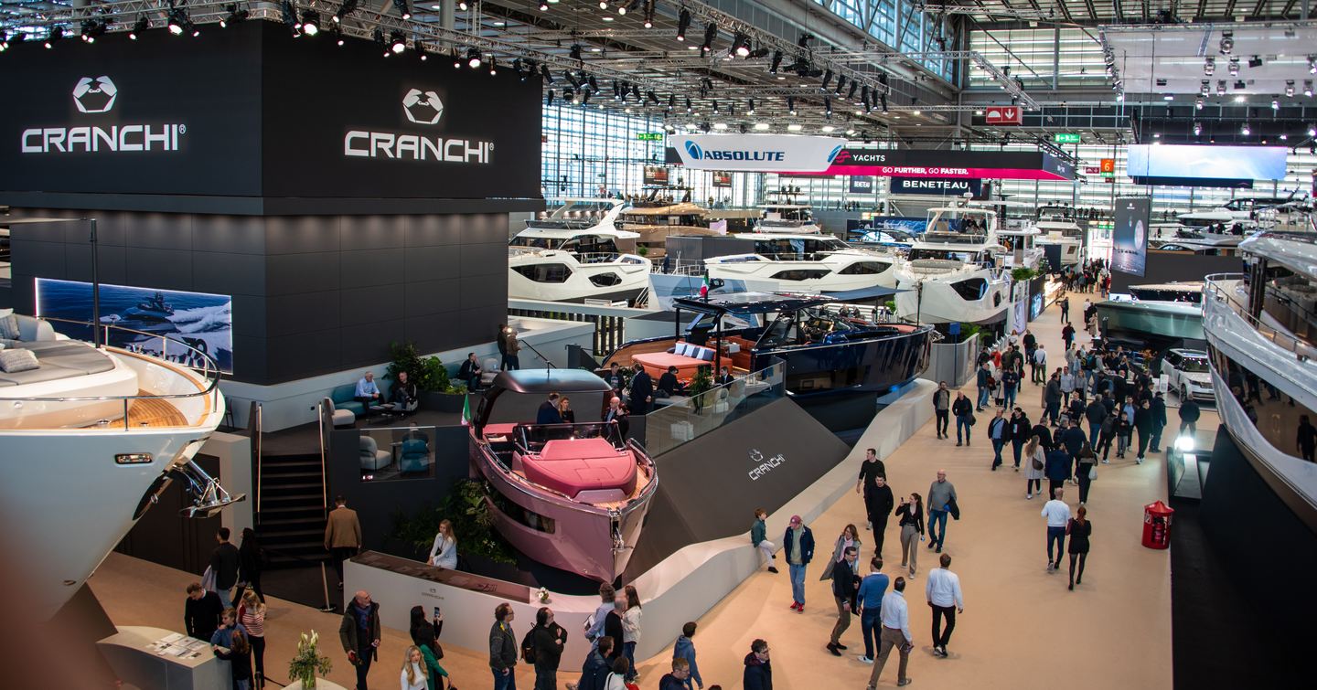 Pink motor yacht on Cranchi stand at the Boot Düsseldorf 2026 boat show 