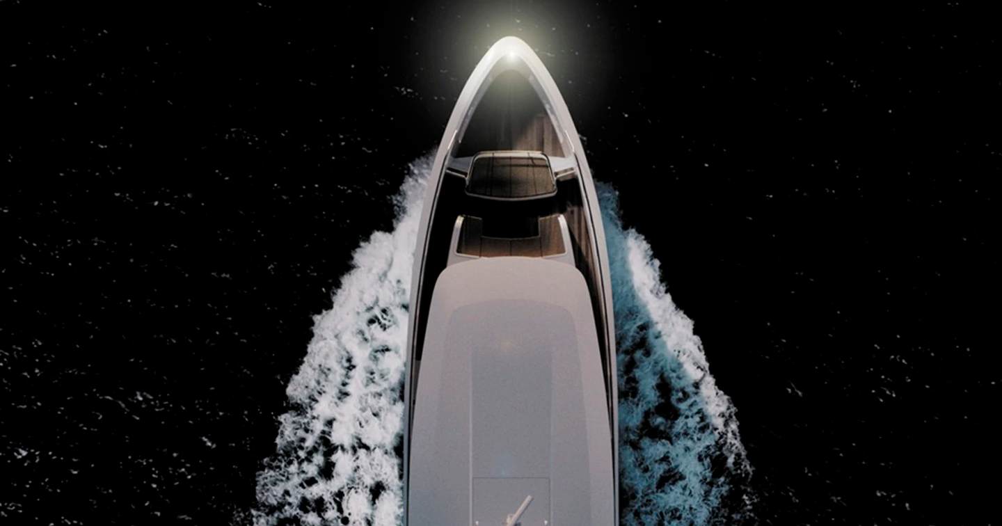 Aerial rendering of Princess 106 Odyssey superyacht under way 