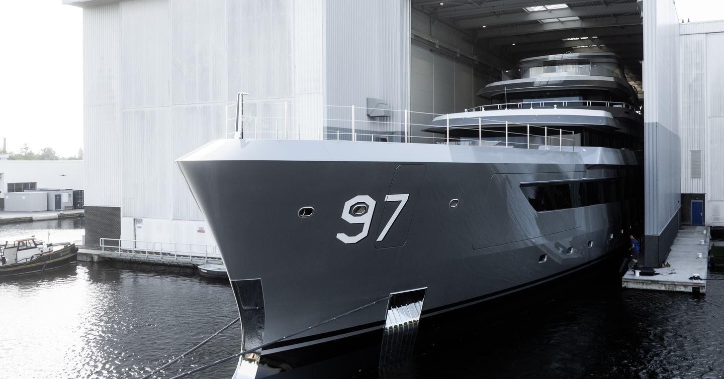 Superyacht VALOR leaving construction shed