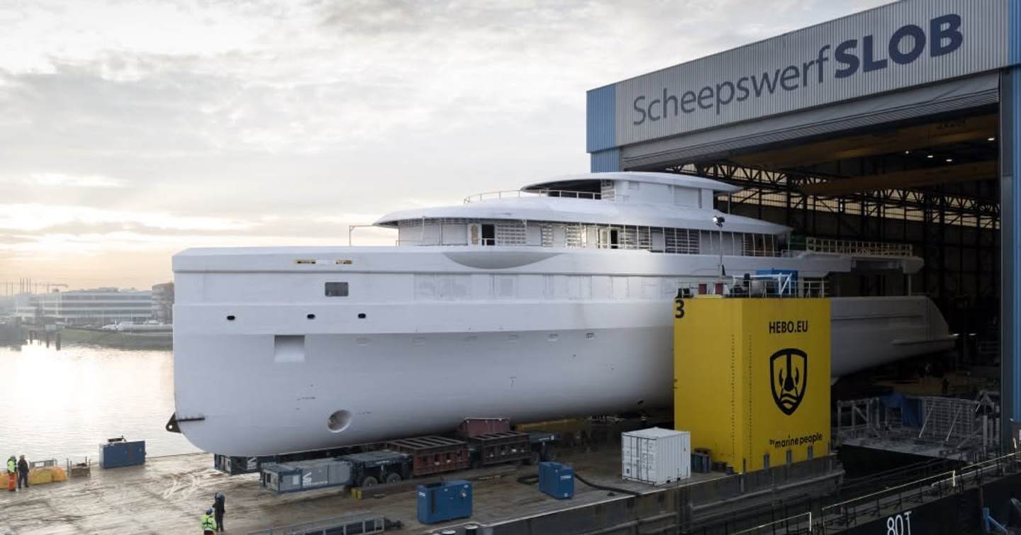 Superyacht Feadship 719 leaving Slob shipyard pre-outfitting