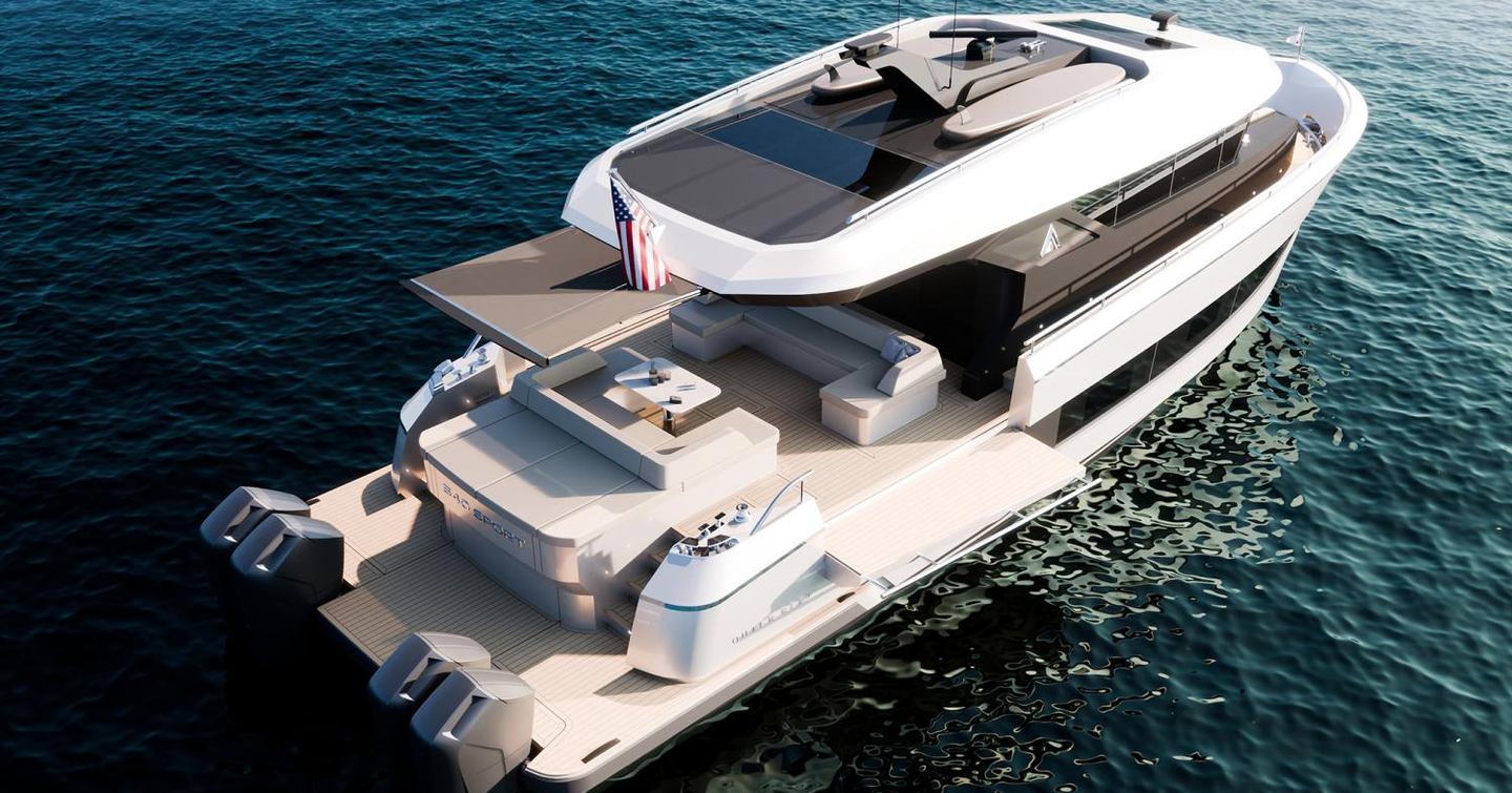 Rendering of Outer Reef 540 Adventure Sport yacht at anchor with fold down terrace 