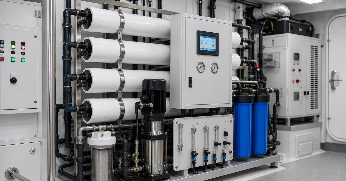 Yacht watermaker in a technical room