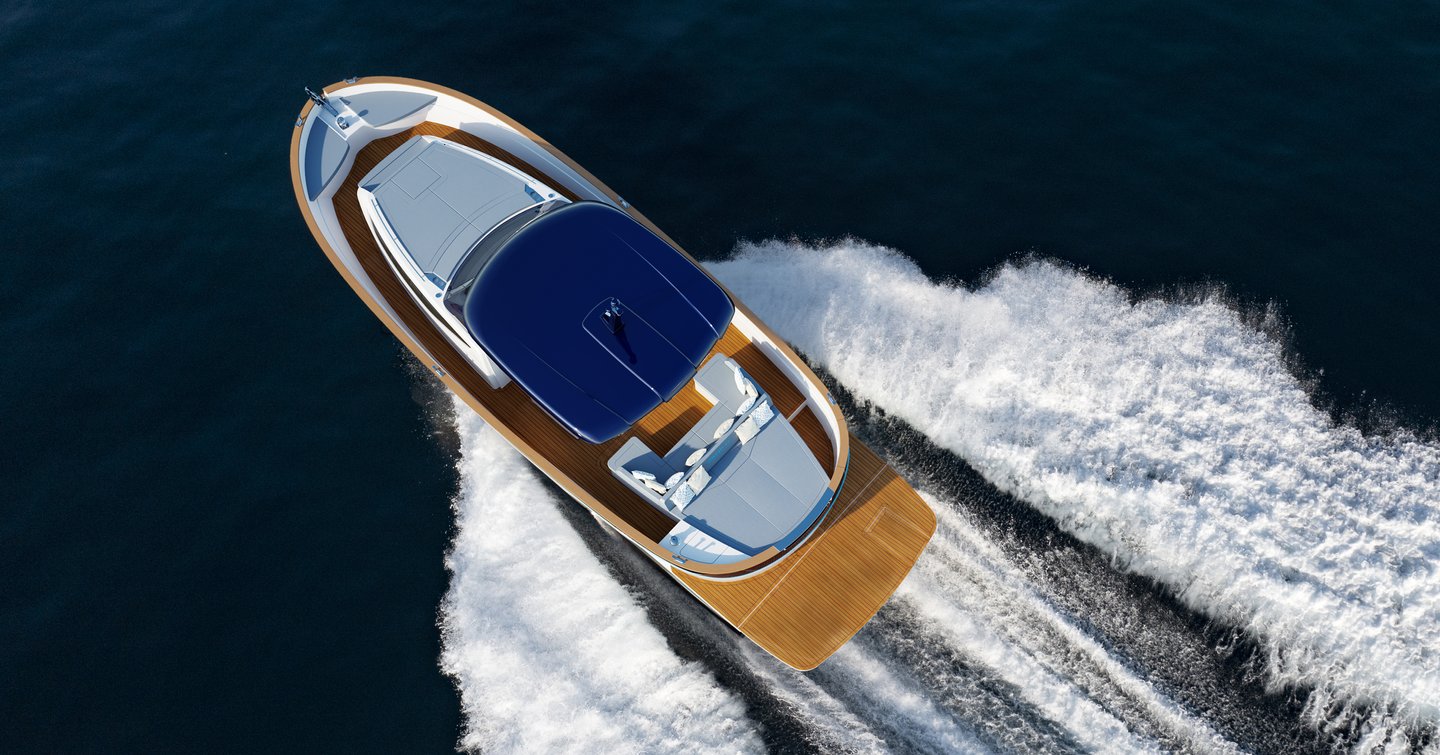 Aerial Rendering of Apreamare Gozzo 42 boat under way 
