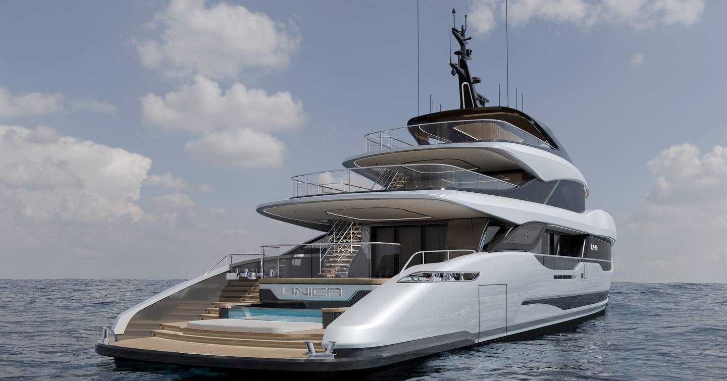 Stern Rendering of ISA Unica 45M Superyacht  at anchor 