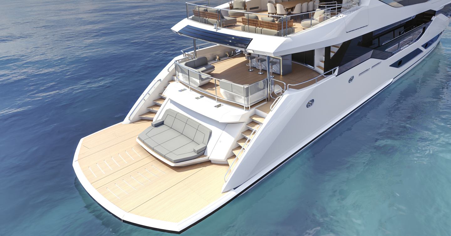 Close up Rendering of Sunseeker 134 Superyacht stern with sunpad