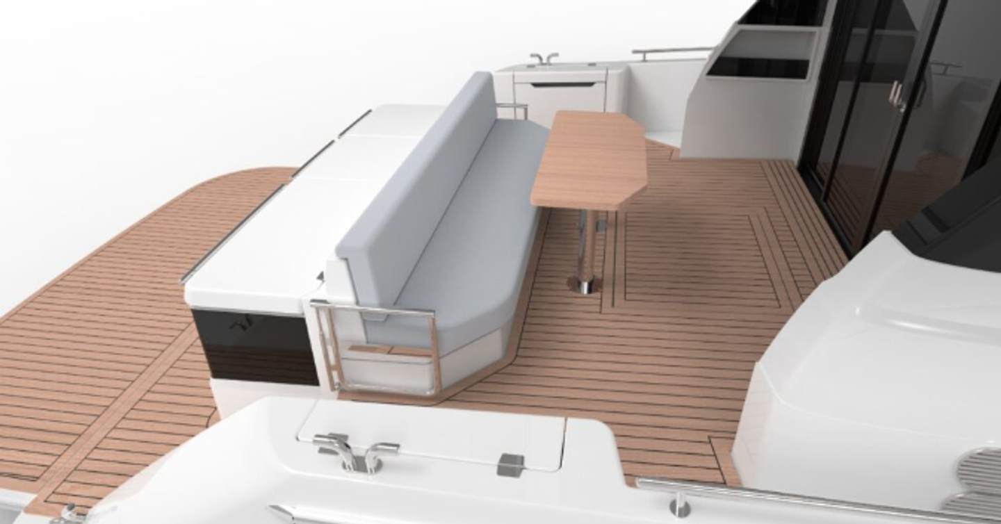 A render showing the seating layout on the aft deck of the maritimo m50 flybridge and s50