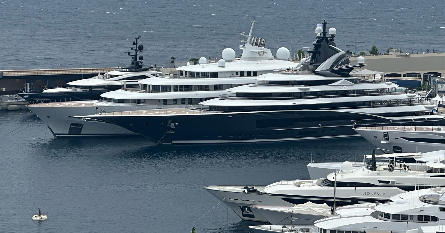 Superyachts KISMET and GOLDEN ODYSSEY at berth in Port Hercule, Monaco